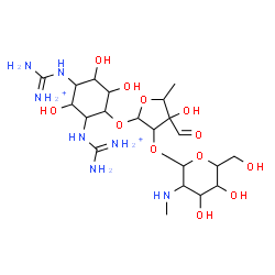 ChemSpider 2D Image | {[4-({5-Deoxy-2-O-[2-deoxy-2-(methylamino)hexopyranosyl]-3-C-formylpentofuranosyl}oxy)-2,5,6-trihydroxy-1,3-cyclohexanediyl]diimino}bis(iminomethanaminium) | C21H41N7O12