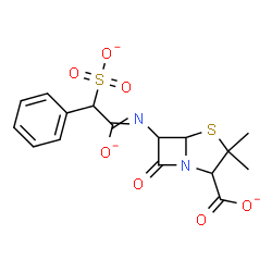ChemSpider 2D Image | 3,3-Dimethyl-6-[(1-oxidanidyl-2-phenyl-2-sulfonatoethylidene)amino]-7-oxo-4-thia-1-azabicyclo[3.2.0]heptane-2-carboxylate | C16H15N2O7S2