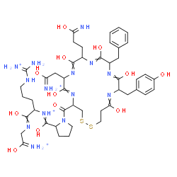 ChemSpider 2D Image | N-[(1-{[10-(3-Amino-3-oxopropyl)-7-(2-ammonio-2-oxoethyl)-13-benzyl-16-(4-hydroxybenzyl)-6,9,12,15,18-pentaoxo-1,2-dithia-5,8,11,14,17-pentaazacycloicosan-4-yl]carbonyl}-2-pyrrolidinyl)carbonyl]-5-{[a
mmonio(imino)methyl]amino}-1-[(2-ammonio-2-oxoethyl)amino]-1-oxo-2-pentanaminium | C46H68N14O12S2