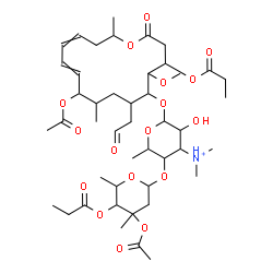 ChemSpider 2D Image | 3-{[4-Acetoxy-4,6-dimethyl-5-(propionyloxy)tetrahydro-2H-pyran-2-yl]oxy}-6-{[10-acetoxy-5-methoxy-9,16-dimethyl-2-oxo-7-(2-oxoethyl)-4-(propionyloxy)oxacyclohexadeca-11,13-dien-6-yl]oxy}-5-hydroxy-N,N
,2-trimethyltetrahydro-2H-pyran-4-aminium | C45H72NO17