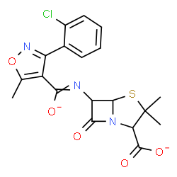 ChemSpider 2D Image | 6-({[3-(2-Chlorophenyl)-5-methyl-1,2-oxazol-4-yl](oxidanidyl)methylene}amino)-3,3-dimethyl-7-oxo-4-thia-1-azabicyclo[3.2.0]heptane-2-carboxylate | C19H16ClN3O5S