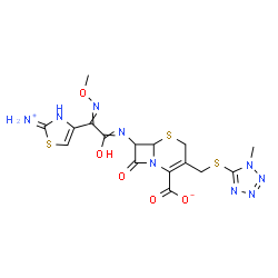 ChemSpider 2D Image | 7-{[(2-Ammonio-1,3-thiazol-4-yl)(methoxyimino)acetyl]amino}-3-{[(1-methyl-1H-tetrazol-5-yl)sulfanyl]methyl}-8-oxo-5-thia-1-azabicyclo[4.2.0]oct-2-ene-2-carboxylate | C16H17N9O5S3