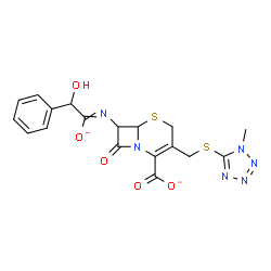 ChemSpider 2D Image | 7-[(2-Hydroxy-1-oxidanidyl-2-phenylethylidene)amino]-3-{[(1-methyl-1H-tetrazol-5-yl)sulfanyl]methyl}-8-oxo-5-thia-1-azabicyclo[4.2.0]oct-2-ene-2-carboxylate | C18H16N6O5S2