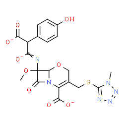 ChemSpider 2D Image | 7-{[2-Carboxylato-2-(4-hydroxyphenyl)-1-oxidanidylethylidene]amino}-7-methoxy-3-{[(1-methyl-1H-tetrazol-5-yl)sulfanyl]methyl}-8-oxo-5-oxa-1-azabicyclo[4.2.0]oct-2-ene-2-carboxylate | C20H17N6O9S