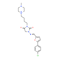 ChemSpider 2D Image | 1-{4-[3-({[5-(4-Chlorophenyl)-2-furyl]methylene}amino)-2,5-dioxo-1-imidazolidinyl]butyl}-4-methylpiperazin-1-ium | C23H29ClN5O3