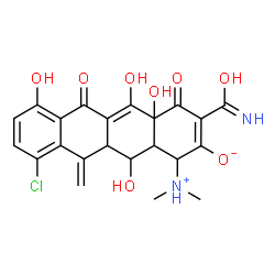 ChemSpider 2D Image | 3-Carbamoyl-10-chloro-1-(dimethylammonio)-4a,5,7,12-tetrahydroxy-11-methylene-4,6-dioxo-1,4,4a,6,11,11a,12,12a-octahydro-2-tetracenolate | C22H21ClN2O8