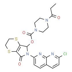 ChemSpider 2D Image | 6-(7-Chloro-1,8-naphthyridin-2-yl)-7-oxo-2,3,6,7-tetrahydro-5H-[1,4]dithiino[2,3-c]pyrrol-5-yl 4-propionyl-1-piperazinecarboxylate | C22H22ClN5O4S2