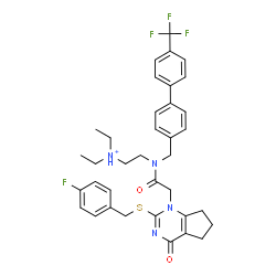 ChemSpider 2D Image | N,N-Diethyl-2-[({2-[(4-fluorobenzyl)sulfanyl]-4-oxo-4,5,6,7-tetrahydro-1H-cyclopenta[d]pyrimidin-1-yl}acetyl){[4'-(trifluoromethyl)-4-biphenylyl]methyl}amino]ethanaminium | C36H39F4N4O2S