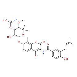 ChemSpider 2D Image | 7-({4-[(Ammoniocarbonyl)oxy]-3-hydroxy-5-methoxy-6,6-dimethyltetrahydro-2H-pyran-2-yl}oxy)-3-{[4-hydroxy-3-(3-methyl-2-buten-1-yl)benzoyl]amino}-8-methyl-2-oxo-2H-chromen-4-olate | C31H36N2O11