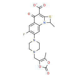 ChemSpider 2D Image | 6-Fluoro-1-methyl-7-{4-[(5-methyl-2-oxo-1,3-dioxol-4-yl)methyl]-1-piperazinyl}-4-oxo-4H-[1,3]thiazeto[3,2-a]quinoline-3-carboxylate | C21H19FN3O6S