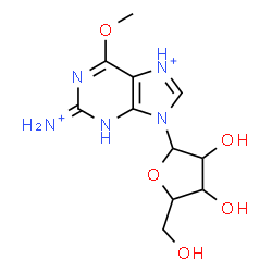 ChemSpider 2D Image | 2-Ammonio-6-methoxy-9-pentofuranosyl-9H-purin-7-ium | C11H17N5O5