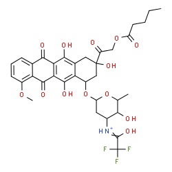 ChemSpider 2D Image | 3,5,12-Trihydroxy-10-methoxy-6,11-dioxo-3-[(pentanoyloxy)acetyl]-1,2,3,4,6,11-hexahydro-1-tetracenyl 2,3,6-trideoxy-3-[(trifluoroacetyl)ammonio]hexopyranoside | C34H37F3NO13