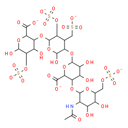 ChemSpider 2D Image | 3-({3-Acetamido-4,5-dihydroxy-6-[(sulfonatooxy)methyl]tetrahydro-2H-pyran-2-yl}oxy)-6-{[6-{[2-carboxylato-4,6-dihydroxy-5-(sulfonatooxy)tetrahydro-2H-pyran-3-yl]oxy}-2-hydroxy-4-(sulfonatomethyl)-5-(s
ulfonatooxy)tetrahydro-2H-pyran-3-yl]oxy}-4,5-dihydroxytetrahydro-2H-pyran-2-carboxylate | C26H35NO34S4