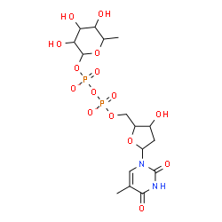 ChemSpider 2D Image | [[(2R,3S,5R)-3-hydroxy-5-(5-methyl-2,4-dioxo-pyrimidin-1-yl)tetrahydrofuran-2-yl]methoxy-oxido-phosphoryl] [(3S,4S,5R,6S)-3,4,5-trihydroxy-6-methyl-tetrahydropyran-2-yl] phosphate | C16H24N2O15P2