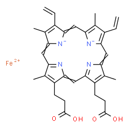 ChemSpider 2D Image | Iron(2+) 13,17-bis(2-carboxyethyl)-2,7,12,18-tetramethyl-3,8-divinylporphine-21,22-diide | C34H32FeN4O4