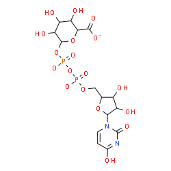 ChemSpider 2D Image | 6-({[({[5-(2,4-Dioxo-3,4-dihydro-1(2H)-pyrimidinyl)-3,4-dihydroxytetrahydro-2-furanyl]methoxy}phosphinato)oxy]phosphinato}oxy)-3,4,5-trihydroxytetrahydro-2H-pyran-2-carboxylatato(2-) (non-preferred na
me) | C15H19N2O18P2