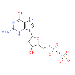 ChemSpider 2D Image | 2-Ammonio-9-{2-deoxy-5-O-[(phosphonatooxy)phosphinato]pentofuranosyl}-6-oxo-6,9-dihydro-1H-purin-7-iumato(2-) | C10H14N5O10P2