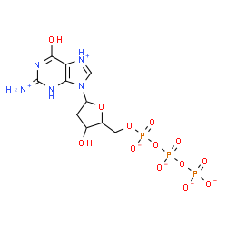ChemSpider 2D Image | 2-Ammonio-9-[2-deoxy-5-O-({[(phosphonatooxy)phosphinato]oxy}phosphinato)pentofuranosyl]-6-oxo-6,9-dihydro-1H-purin-7-ium | C10H14N5O13P3