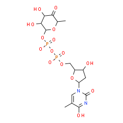 ChemSpider 2D Image | [(2R,3S,4S,6S)-3,4-dihydroxy-6-methyl-5-oxo-tetrahydropyran-2-yl] [[(2S,3R,5S)-3-hydroxy-5-(4-hydroxy-5-methyl-2-oxo-pyrimidin-1-yl)tetrahydrofuran-2-yl]methoxy-oxido-phosphoryl] phosphate | C16H22N2O15P2