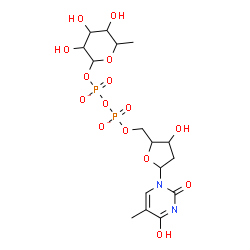 ChemSpider 2D Image | [[(2S,3R,5S)-3-hydroxy-5-(4-hydroxy-5-methyl-2-oxo-pyrimidin-1-yl)tetrahydrofuran-2-yl]methoxy-oxido-phosphoryl] [(3S,4S,5S,6R)-3,4,5-trihydroxy-6-methyl-tetrahydropyran-2-yl] phosphate | C16H24N2O15P2