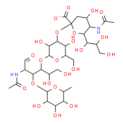 ChemSpider 2D Image | 5-Acetamido-3,5-dideoxy-6-(1,2,3-trihydroxypropyl)hex-2-ulopyranonosyl-(2->3)hexopyranosyl-(1->4)-[6-deoxyhexopyranosyl-(1->3)]-2-acetamido-2-deoxyhexose | C31H51N2O23