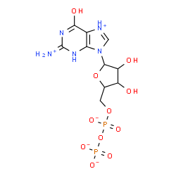 ChemSpider 2D Image | 2-Ammonio-6-oxo-9-{5-O-[(phosphonatooxy)phosphinato]pentofuranosyl}-6,9-dihydro-1H-purin-7-ium | C10H14N5O11P2