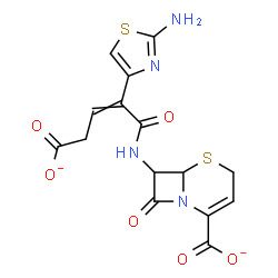 ChemSpider 2D Image | 7-{[2-(2-Amino-1,3-thiazol-4-yl)-4-carboxylato-2-butenoyl]amino}-8-oxo-5-thia-1-azabicyclo[4.2.0]oct-2-ene-2-carboxylate | C15H12N4O6S2