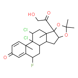 ChemSpider 2D Image | 4b,5-Dichloro-12-fluoro-6b-glycoloyl-4a,6a,8,8-tetramethyl-4a,4b,5,6,6a,6b,9a,10,10a,10b,11,12-dodecahydro-2H-naphtho[2',1':4,5]indeno[1,2-d][1,3]dioxol-2-one | C24H29Cl2FO5
