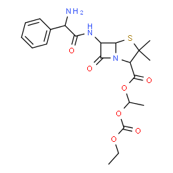 ChemSpider 2D Image | 1-[(Ethoxycarbonyl)oxy]ethyl 6-{[amino(phenyl)acetyl]amino}-3,3-dimethyl-7-oxo-4-thia-1-azabicyclo[3.2.0]heptane-2-carboxylate | C21H27N3O7S
