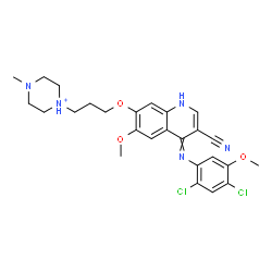 ChemSpider 2D Image | 1-[3-({3-Cyano-4-[(2,4-dichloro-5-methoxyphenyl)imino]-6-methoxy-1,4-dihydro-7-quinolinyl}oxy)propyl]-4-methylpiperazin-1-ium | C26H30Cl2N5O3