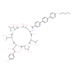 ChemSpider 2D Image | N-{23-[1,2-Dihydroxy-2-(4-hydroxyphenyl)ethyl]-2,11,12,15-tetrahydroxy-6,20-bis(1-hydroxyethyl)-16-methyl-5,8,14,19,22,25-hexaoxotetracosahydro-1H-dipyrrolo[2,1-c:2',1'-l][1,4,7,10,13,16]hexaazacycloh
enicosin-9-yl}-4''-(pentyloxy)-1,1':4',1''-terphenyl-4-carboxamide | C58H73N7O17