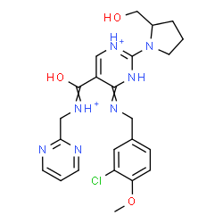 ChemSpider 2D Image | 4-[(3-Chloro-4-methoxybenzyl)amino]-2-[2-(hydroxymethyl)-1-pyrrolidinyl]-5-{[(2-pyrimidinylmethyl)ammonio]carbonyl}pyrimidin-1-ium | C23H28ClN7O3