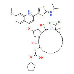 ChemSpider 2D Image | 6-{[(Cyclopentyloxy)carbonyl]amino}-2-({2-[2-(isopropylammonio)-1,3-thiazol-4-yl]-7-methoxy-4-quinoliniumyl}oxy)-5,16-dioxo-1,2,3,6,7,8,9,10,11,13a,14,15,16,16a-tetradecahydrocyclopropa[e]pyrrolo[1,2-
a][1,4]diazacyclopentadecin-15-ium-14a(5H)-carboxylate | C40H52N6O8S