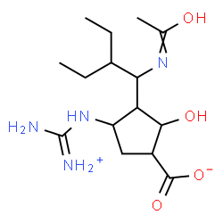 ChemSpider 2D Image | 3-(1-Acetamido-2-ethylbutyl)-4-{[ammonio(imino)methyl]amino}-2-hydroxycyclopentanecarboxylate | C15H28N4O4