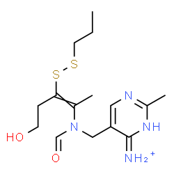 ChemSpider 2D Image | 5-({Formyl[5-hydroxy-3-(propyldisulfanyl)-2-penten-2-yl]amino}methyl)-2-methyl-4-pyrimidinaminium | C15H25N4O2S2