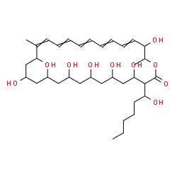 ChemSpider 2D Image | 4,6,8,10,12,14,16,27-Octahydroxy-3-(1-hydroxyhexyl)-17,28-dimethyloxacyclooctacosa-17,19,21,23,25-pentaen-2-one | C35H58O11