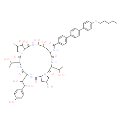 ChemSpider 2D Image | N-{23-[1,2-Dihydroxy-2-(4-hydroxyphenyl)ethyl]-2,11,12,15-tetrahydroxy-6,20-bis(1-hydroxyethyl)-16-methyl-5,8,14,19,22,25-hexaoxotetracosahydro-1H-dipyrrolo[2,1-c:2',1'-l][1,4,7,10,13,16]hexaazacycloh
enicosin-9-yl}-4''-(pentyloxy)-1,1':4',1''-terphenyl-4-carboxamide | C58H73N7O17