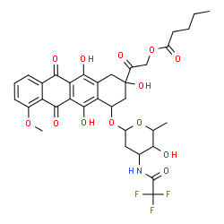 ChemSpider 2D Image | 2-Oxo-2-[2,5,12-trihydroxy-7-methoxy-6,11-dioxo-4-({2,3,6-trideoxy-3-[(trifluoroacetyl)amino]hexopyranosyl}oxy)-1,2,3,4,6,11-hexahydro-2-tetracenyl]ethyl valerate | C34H36F3NO13