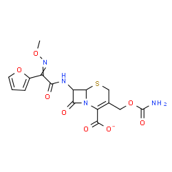 ChemSpider 2D Image | 3-[(Carbamoyloxy)methyl]-7-{[2-furyl(methoxyimino)acetyl]amino}-8-oxo-5-thia-1-azabicyclo[4.2.0]oct-2-ene-2-carboxylate | C16H15N4O8S