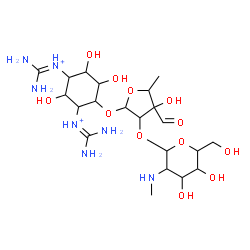ChemSpider 2D Image | N,N'-Dicarbamimidoyl-4-({5-deoxy-2-O-[2-deoxy-2-(methylamino)hexopyranosyl]-3-C-formylpentofuranosyl}oxy)-2,5,6-trihydroxy-1,3-cyclohexanediaminium | C21H41N7O12