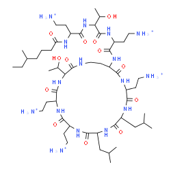 ChemSpider 2D Image | 3-{[2-({4-Ammonio-2-[(5-methylheptanoyl)amino]butanoyl}amino)-3-hydroxybutanoyl]amino}-4-oxo-4-{[6,9,18-tris(2-ammonioethyl)-3-(1-hydroxyethyl)-12,15-diisobutyl-2,5,8,11,14,17,20-heptaoxo-1,4,7,10,13,
16,19-heptaazacyclotricosan-21-yl]amino}-1-butanaminium | C52H103N16O13