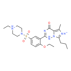 ChemSpider 2D Image | 2-{2-Ethoxy-5-[(4-ethylpiperazin-4-ium-1-yl)sulfonyl]phenyl}-5-methyl-4-oxo-7-propyl-1,4-dihydroimidazo[5,1-f][1,2,4]triazin-6-ium | C23H34N6O4S