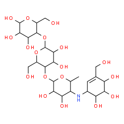 ChemSpider 2D Image | 4,6-Dideoxy-4-{[4,5,6-trihydroxy-3-(hydroxymethyl)-2-cyclohexen-1-yl]amino}hexopyranosyl-(1->4)hexopyranosyl-(1->4)hexopyranose | C25H43NO18