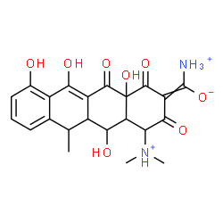 ChemSpider 2D Image | Ammonio[4-(dimethylammonio)-5,10,11,12a-tetrahydroxy-6-methyl-1,3,12-trioxo-3,4,4a,5,5a,6,12,12a-octahydro-2(1H)-tetracenylidene]methanolate | C22H25N2O8