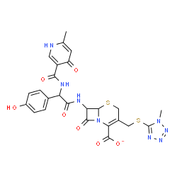 ChemSpider 2D Image | 7-{[(4-Hydroxyphenyl){[(6-methyl-4-oxo-1,4-dihydro-3-pyridinyl)carbonyl]amino}acetyl]amino}-3-{[(1-methyl-1H-tetrazol-5-yl)sulfanyl]methyl}-8-oxo-5-thia-1-azabicyclo[4.2.0]oct-2-ene-2-carboxylatato | C25H23N8O7S2