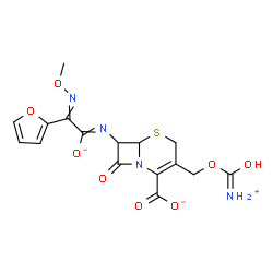 ChemSpider 2D Image | 3-{[(Ammoniocarbonyl)oxy]methyl}-7-{[2-(2-furyl)-2-(methoxyimino)-1-oxidanidylethylidene]amino}-8-oxo-5-thia-1-azabicyclo[4.2.0]oct-2-ene-2-carboxylate | C16H15N4O8S
