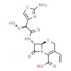 ChemSpider 2D Image | (6R,7S)-7-{[(2E)-2-(2-Amino-1,3-thiazol-4-yl)-2-(hydroxyimino)acetyl]amino}-8-oxo-3-vinyl-5-thia-1-azabicyclo[4.2.0]oct-2-ene-2-carboxylato | C14H13N5O5S2