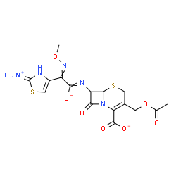 ChemSpider 2D Image | 3-(Acetoxymethyl)-7-{[2-(2-ammonio-1,3-thiazol-4-yl)-2-(methoxyimino)-1-oxidanidylethylidene]amino}-8-oxo-5-thia-1-azabicyclo[4.2.0]oct-2-ene-2-carboxylate | C16H16N5O7S2