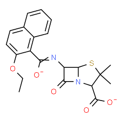 ChemSpider 2D Image | 6-{[(2-Ethoxy-1-naphthyl)(oxidanidyl)methylene]amino}-3,3-dimethyl-7-oxo-4-thia-1-azabicyclo[3.2.0]heptane-2-carboxylate | C21H20N2O5S