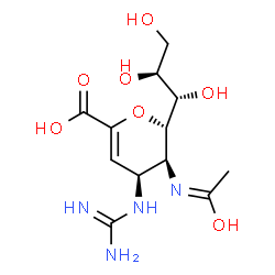 ChemSpider 2D Image | (6S)-5-Acetamido-2,6-anhydro-4-carbamimidamido-3,4,5-trideoxy-6-[(1S,2S)-1,2,3-trihydroxypropyl]-D-erythro-hex-2-enonic acid | C12H20N4O7